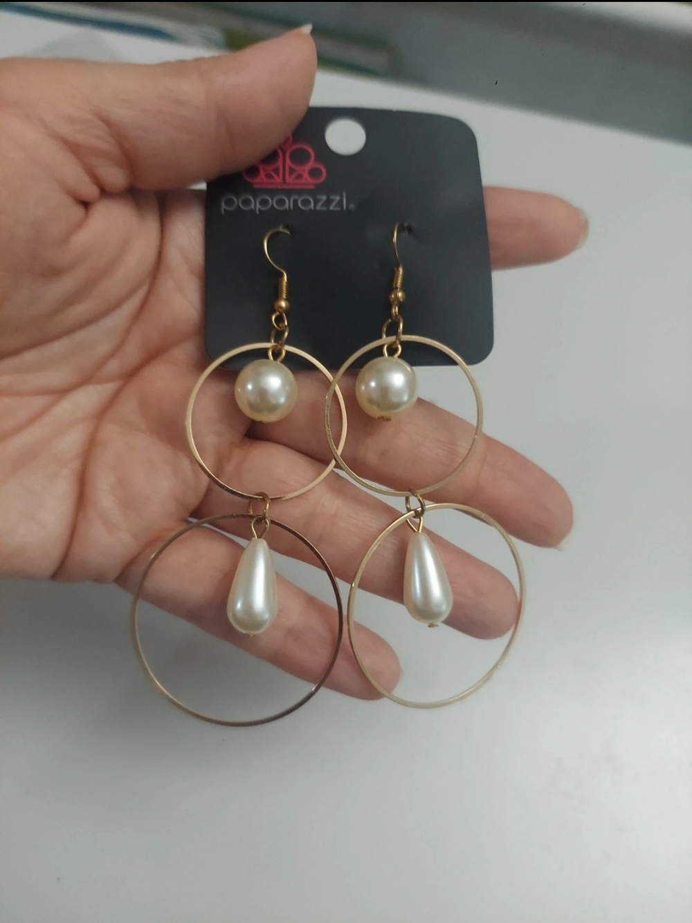 paparazzi Gold Hoop Earrings with Pearl Ball and Teardrop Charms - White